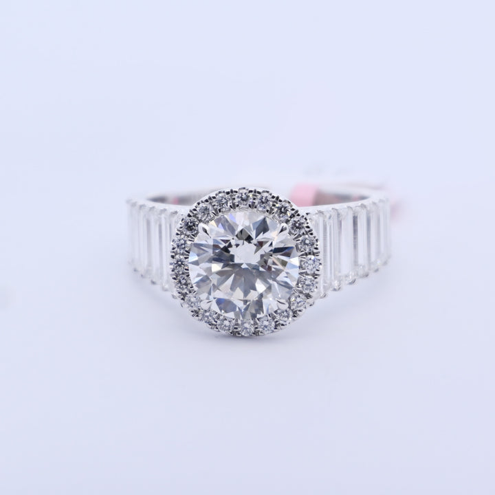 14K Gold 4.39 CT Lab Grown Halo Round Cut with Baguette Band Diamond Engagement Ring