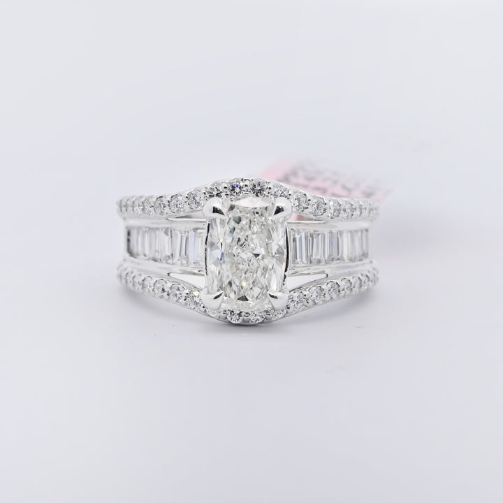 14K Gold 3.25 CT Lab Grown Elongated Cushion Cut Pave Channel Baguette Diamond Engagement Ring