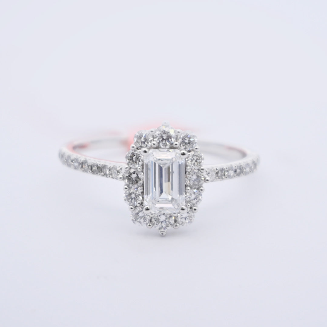 14K Gold 1.16 CT Lab Grown Emerald Cut Halo Engagement Ring