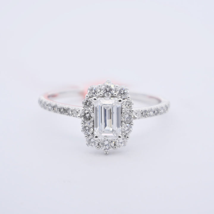 14K Gold 1.16 CT Lab Grown Emerald Cut Halo Engagement Ring