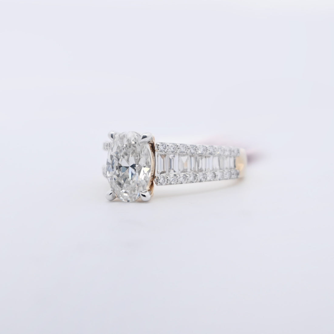 14K Yellow Gold 2.94 CT Lab Grown Oval Cut Baguette & Solitaire Diamond Engagement Ring