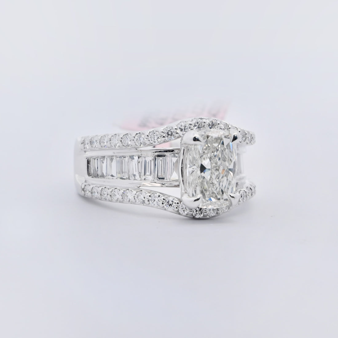 14K Gold 3.25 CT Lab Grown Elongated Cushion Cut Pave Channel Baguette Diamond Engagement Ring