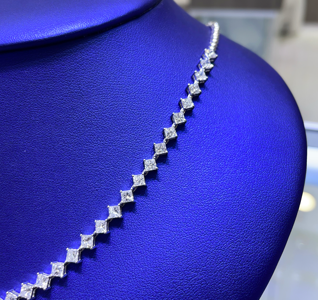 14K Gold 8.39ctw Lab Grown Princess Cut Diamond Necklace