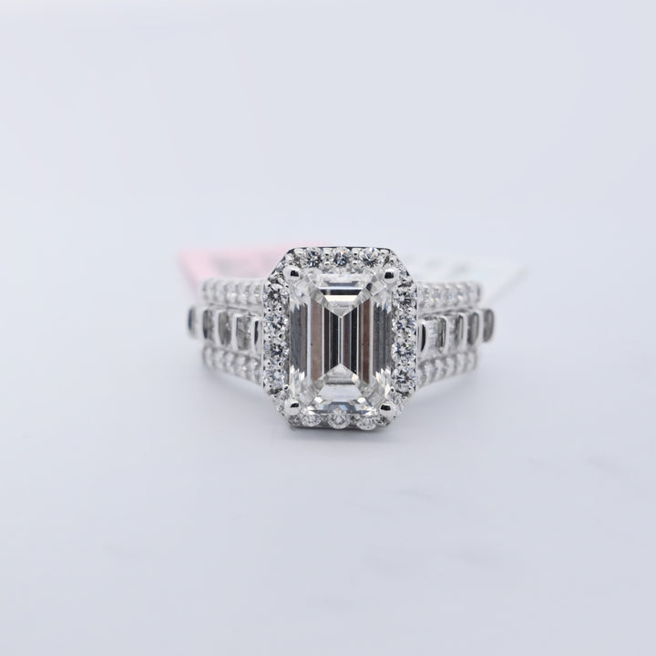 14K Gold 4.03 CT Lab Grown Emerald Cut Baguette & Round Diamond Engagement Ring