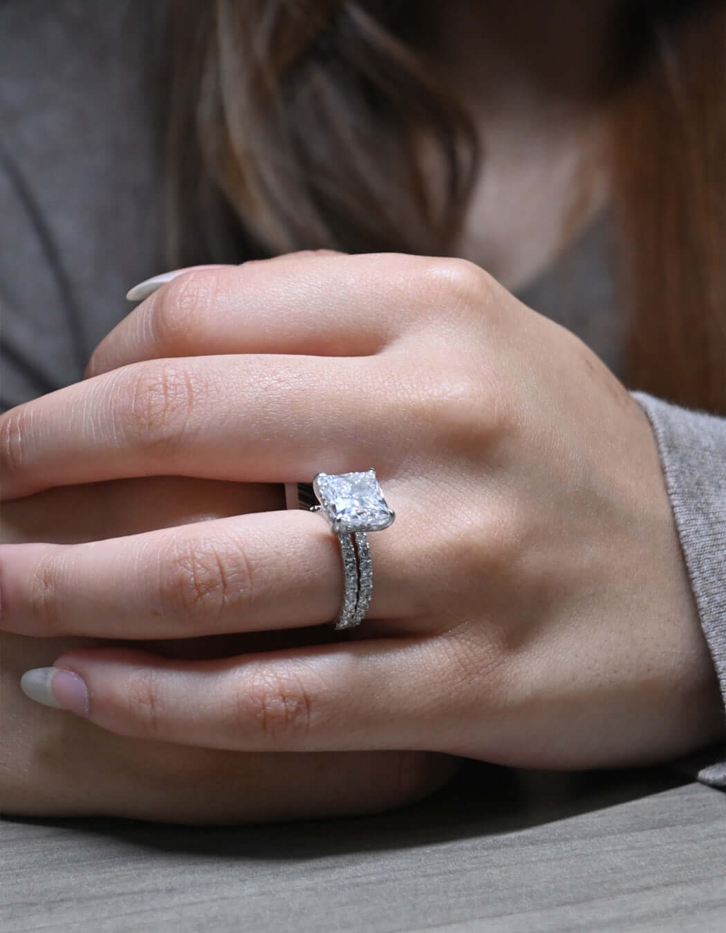 10K Gold 5CT Lab Grown Princess Cut Halo Wedding Bridal Ring Set