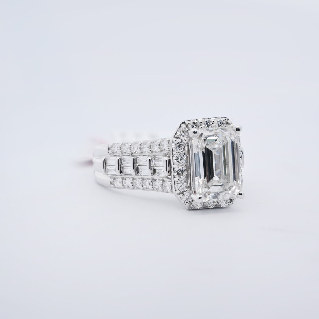 14K Gold 4.03 CT Lab Grown Emerald Cut Baguette & Round Diamond Engagement Ring