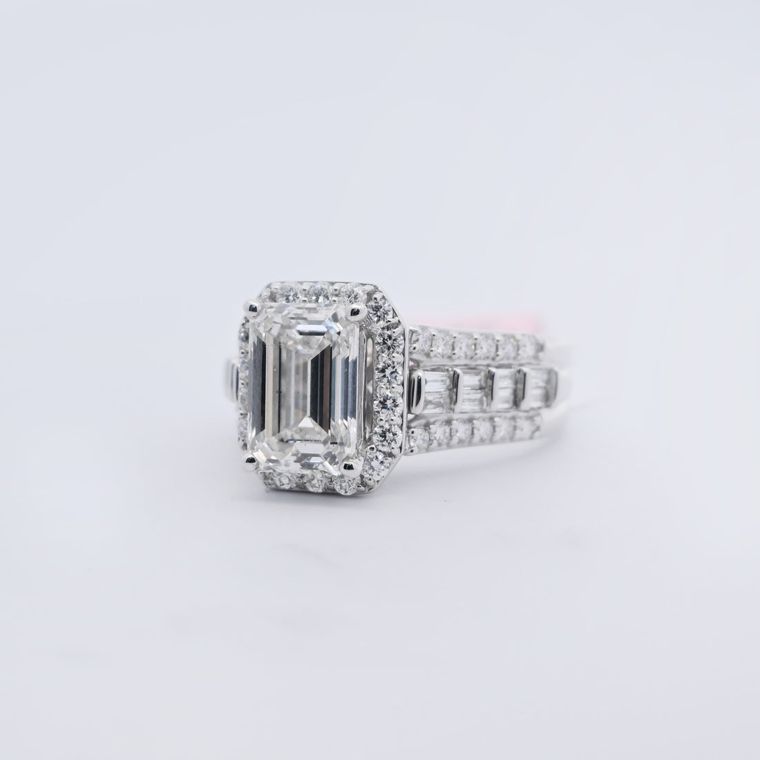 14K Gold 4.03 CT Lab Grown Emerald Cut Baguette & Round Diamond Engagement Ring