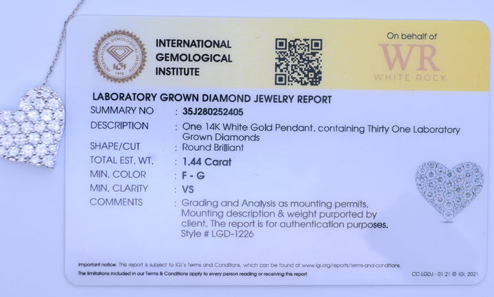 14K 1.44 CT Lab Grown Heart Shape Diamond Pendant