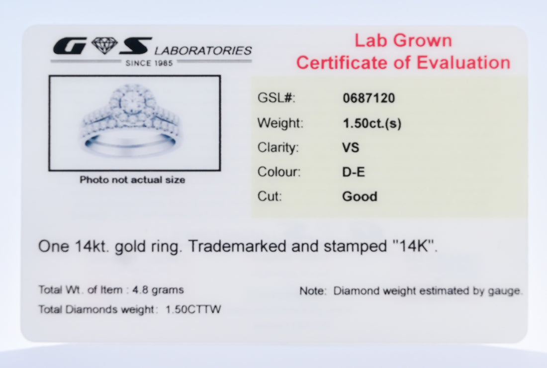 14K Gold 1.50 CT Lab Grown Round Cut Halo 4 Prong Diamond Engagement Bridal Set