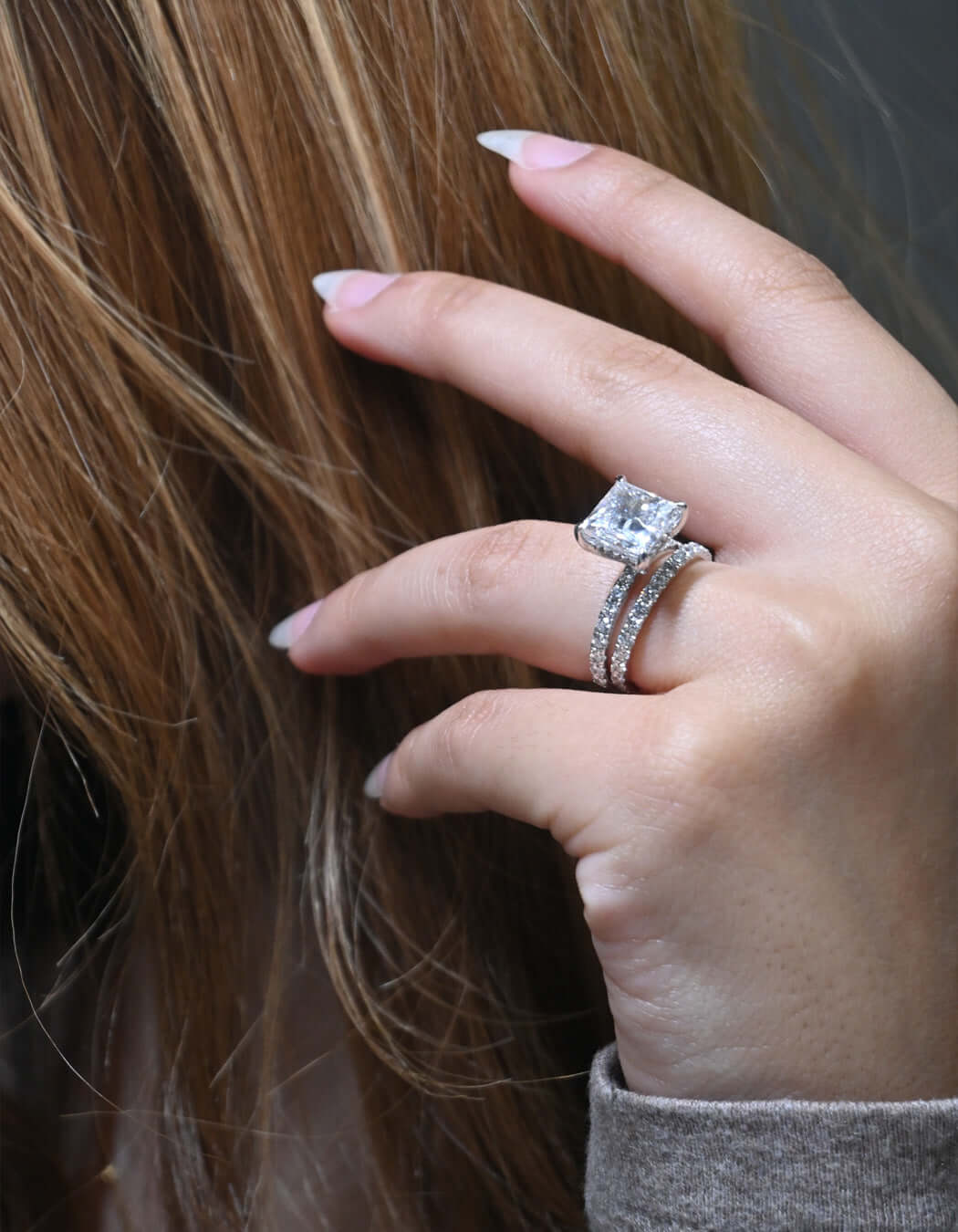 10K Gold 5CT Lab Grown Princess Cut Halo Wedding Bridal Ring Set