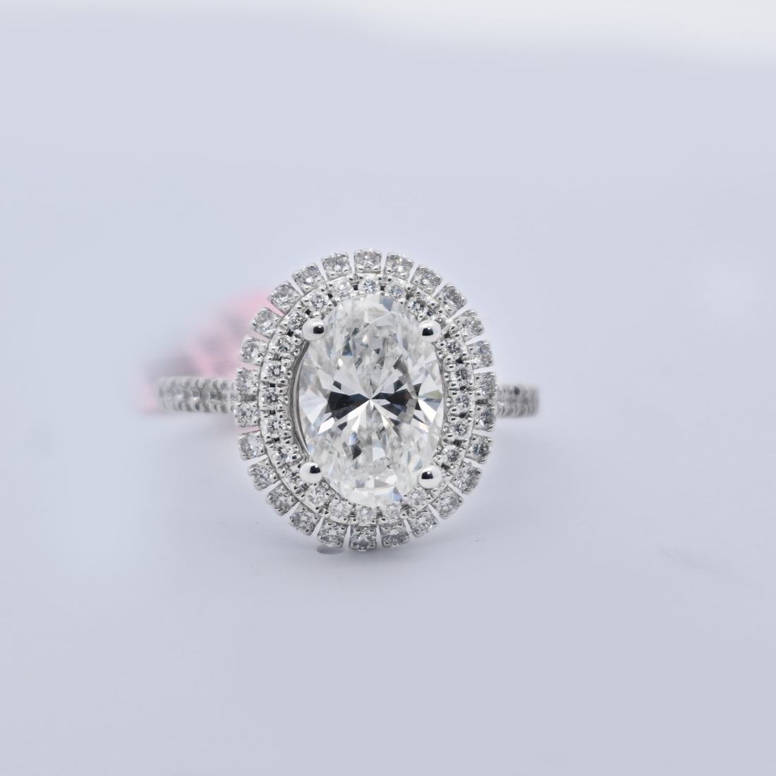 14K Gold 3.13 CT Lab Grown Oval Cut Double Halo Round Diamond Engagement Ring