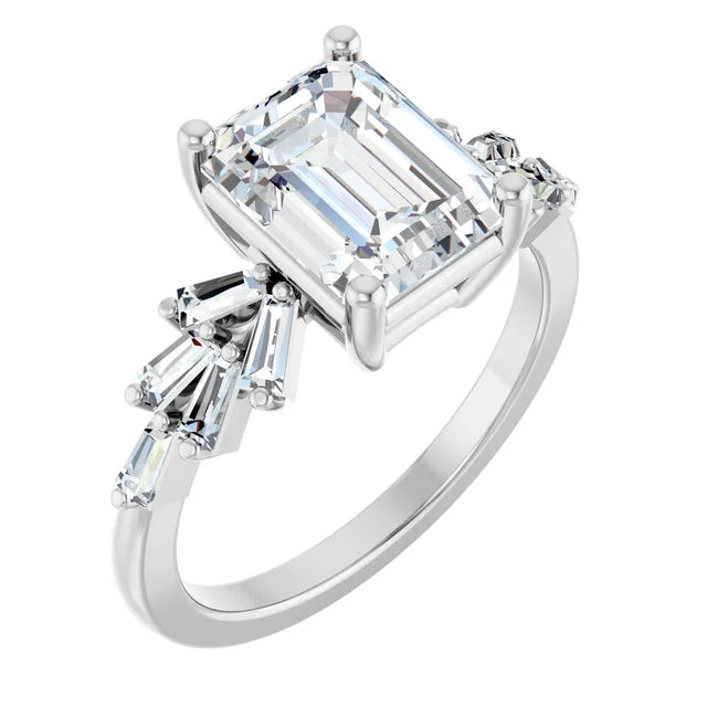 14K Gold Emerald Cut Accent Straight Baguette [2.07ctw] Lab-Grown Diamond [E - VS1] Engagement Ring