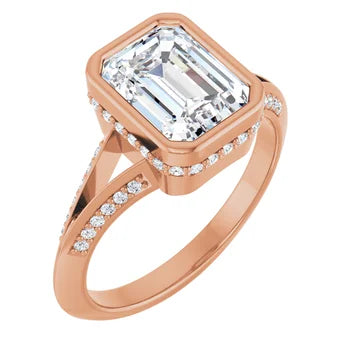 14K Gold Emerald Cut Bezel with Side Stones [2.22 ctw] Lab-Grown Diamond [F - VS1] Engagement Ring