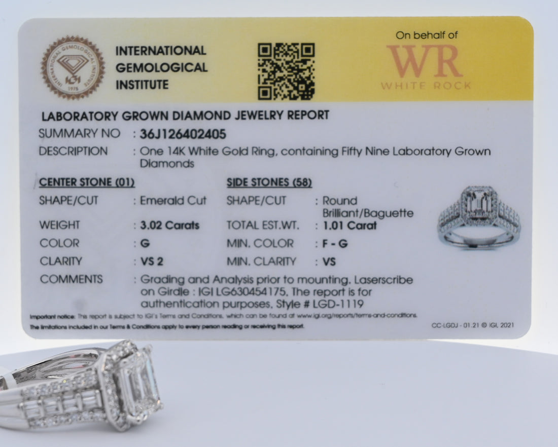 14K Gold 4.03 CT Lab Grown Emerald Cut Baguette & Round Diamond Engagement Ring