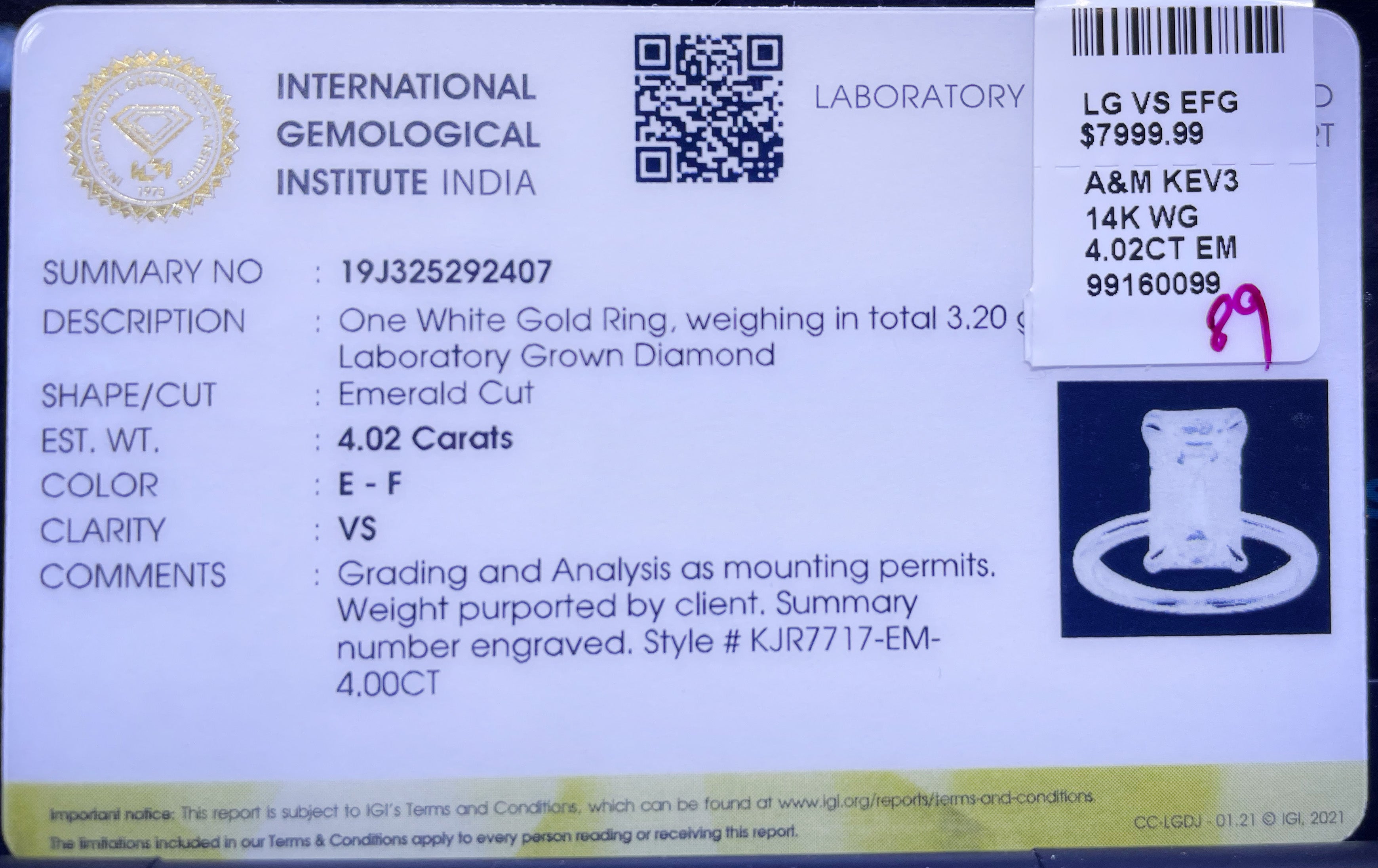 14K Gold 4.02CT Emerald Cut Diamond Engagement Ring