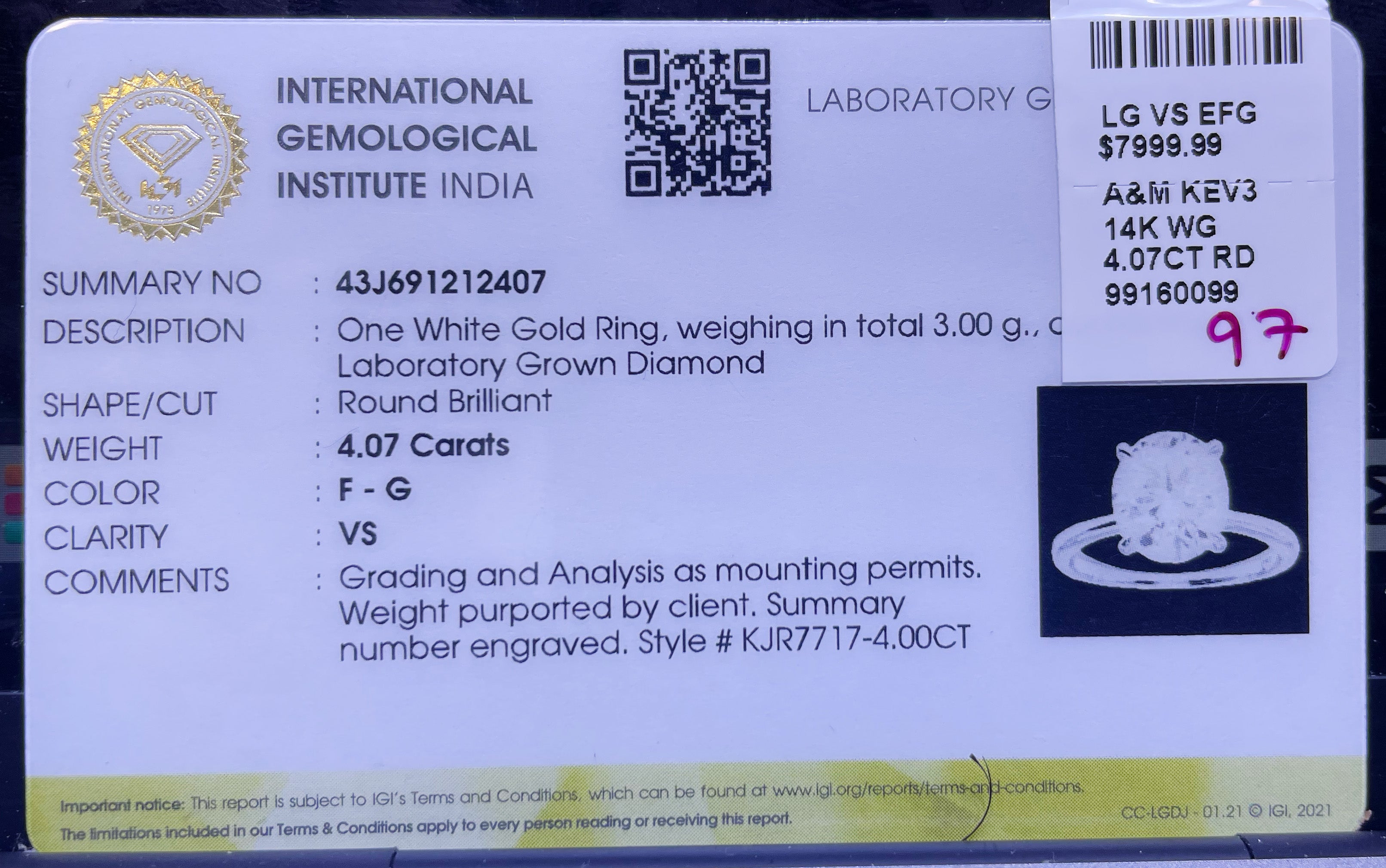 14K Gold 4.07CT Round Cut Diamond Engagement Ring