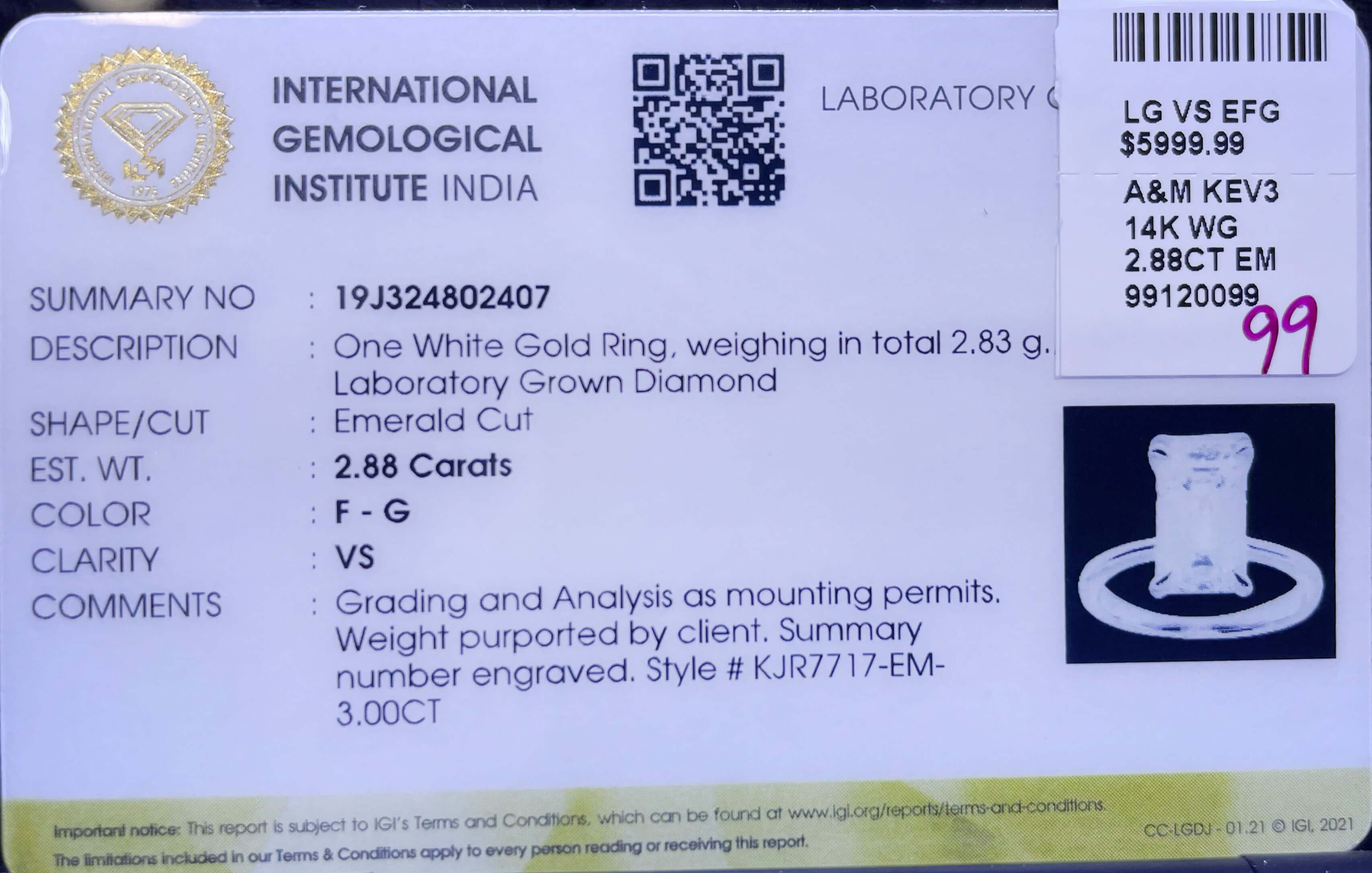 14K Gold 2.88CT Emerald Cut Solitaire Diamond Engagement Ring